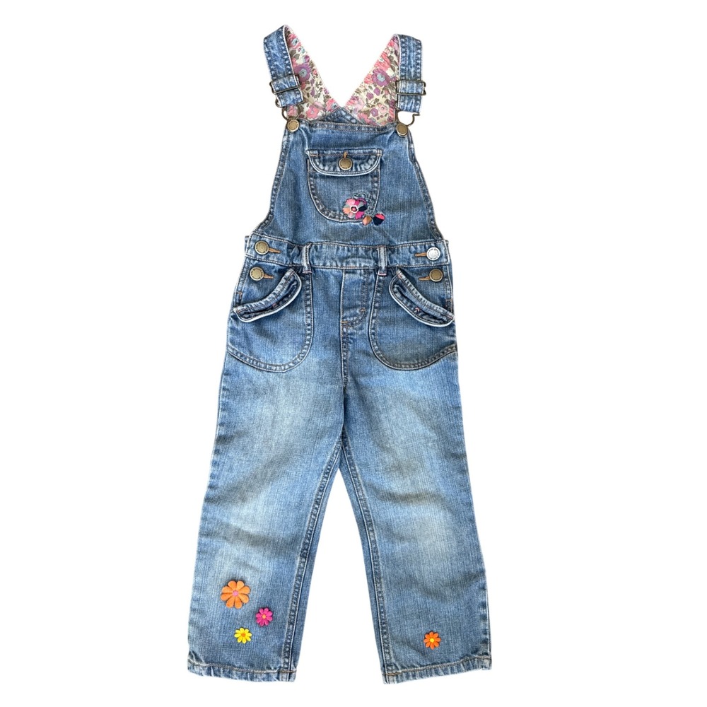 Vintage Y2K Genuine Kids OshKosh Girls Floral Denim Overalls Size 3T Embroidered